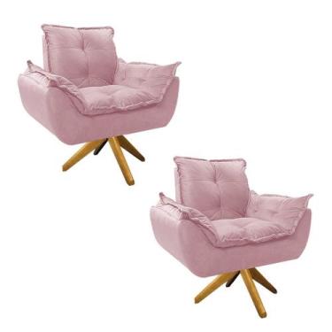 Imagem de kit 02 Poltronas Opala Base Giratória de Madeira Suede Rosa Bebê - Doc