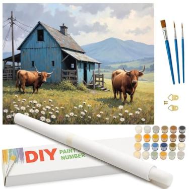 Imagem de Kit de pintura de cena de fazenda por números para adultos - DIY celeiro com vacas e pintura de paisagem de montanha em tela enrolada 40,6 x 50,8 cm, conjunto de tinta acrílica, adequado para