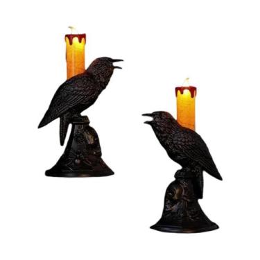 Imagem de Castiçal LED Corvo Preto Com Efeito De Chama, Decoração De Halloween P