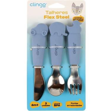 Imagem de Kit Talher Infantil Garfo Faca Colher Metal Silicone Clingo Azul