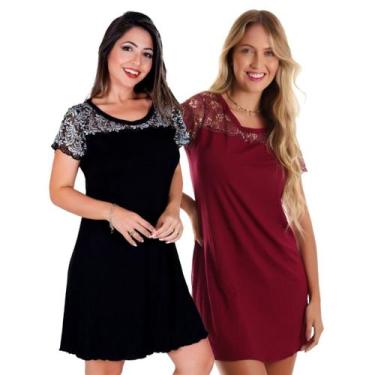 Imagem de Kit com 2 Camisola Feminina Confortável em Viscose e Detalhes em Renda