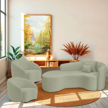 Imagem de Kit Recamier Curvo Sala De Estar Inglaterra 200cm Lado Esquerdo E 2 Poltronas Orgânica Luxo Amore Bouclé Verde