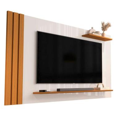 Imagem de Painel Para Tv Até 55 Polegadas Detalhe Ripado Com Prateleiras Aden Off White/madeirado...