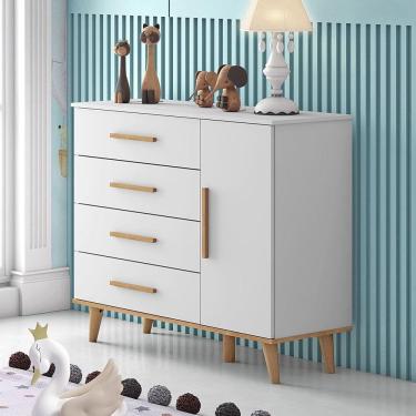 Imagem de Cômoda Fraldário 1 Porta 4 Gavetas Pés Palito Ludmila Carolina Baby Branco/Bétula