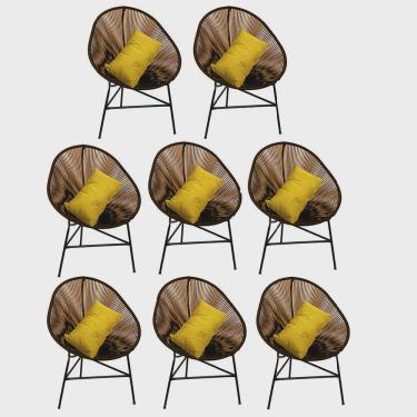 Imagem de Kit 08 Poltrona Cadeira Acapulco Plus com Almofada Quadrado Marrom Tecido Sintético Amarelo - Ahazzo Móveis