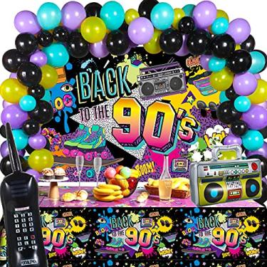 Imagem de Artigos de festa de aniversário dos anos 80 e 90, conjunto de festa dos anos 80 e 90, inclui rádio inflável e telefone celular, pano de fundo dos anos 80 ou 90, toalha de mesa, 95 balões para festa hip hop (estilo dos anos 90)