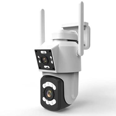 Imagem de Câmera de segurança sem fio de lente dupla ao ar livre, câmera de vigilância IP de câmera HD WiFi de 3MP para casa com áudio bidirecional, visão noturna colorida, detecção de movimento