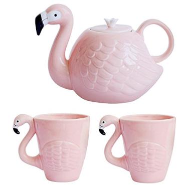 Imagem de Conjunto de canecas de café e bule de chá de flamingo JointVictory 425 g xícaras de flamingo de cerâmica 1000 ml bule de chá de flamingo para mulheres, aniversário da esposa, dia das mães, namorada,