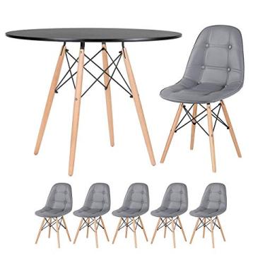Imagem de Loft7, Kit Mesa Eames 100 cm preto + 5 cadeiras estofadas Eiffel Botonê cinza escuro