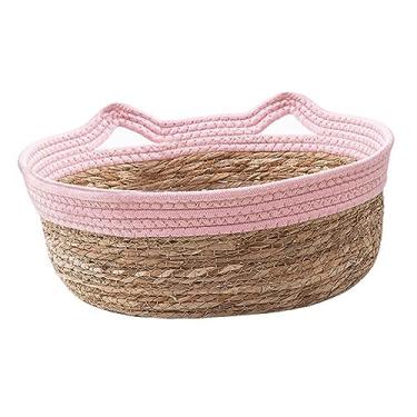 Imagem de WeiLaiKeQi Cesta de cama de gato tecida à mão cama de dormir para gato cama de salão feita à mão, esteira para arranhões de gato, cestas para arranhar para uso, Rosa M