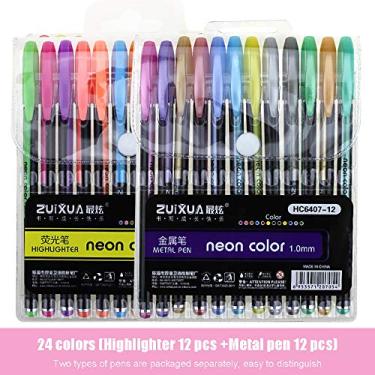 Imagem de YYMIYU 24 cores, 12 marcadores de texto e 12 canetas de metal, conjunto de canetas com glitter, livros de colorir artesanato desenho, faça você mesmo, caneta de álbum de graffiti, caneta marcadora
