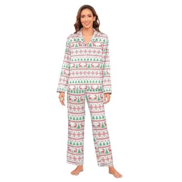 Imagem de KLL Feliz Natal Rena e Presente Vermelho Verde Combinando Pijama Conjunto de Pijama Macio Confortável Calças Para, Dormir Longo, Feliz Natal, rena e presente, vermelho e verde, G