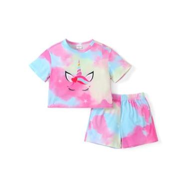 Imagem de PATPAT Conjunto de 2 peças tie dye, camiseta cropped de verão para meninas, 3 a 12 anos, Unicórnio rosa, 6-7 Anos