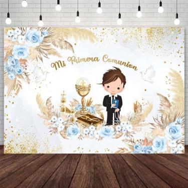 Imagem de AIBIIN Cenário de batismo de 2,1 x 1,5 m para meninos Mi Primera Comunion Batizado Primeira Comunhão Fundo fotográfico Boho Blue Dove God Bless recém-nascido chá de bebê decoração banner foto adereços
