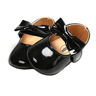 Imagem de Baby Girls Mary Jane Sapatilhas com laço floral princesa vestido de casamento macio recém-nascido berço primeiro andante, 0301 Preto, 12-18 Months Toddler