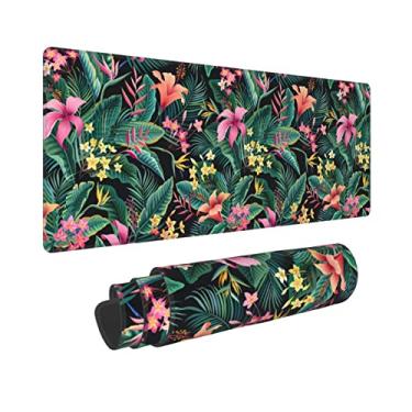 Imagem de Xl Mouse Pad Gaming, Cute Flower Tropical Leaves Large Mousepad, Base Antiderrapante Longa Tapete de Teclado Floral para Computador para Mesa para Mulheres e Meninas Decoração de Escritório Escolar, (Verde Rosa, 79 x 28 cm)