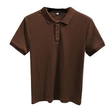 Imagem de Camisa polo masculina de lapela lisa manga curta botão respirável camiseta elástica atlética slim fit, Cáqui, XG