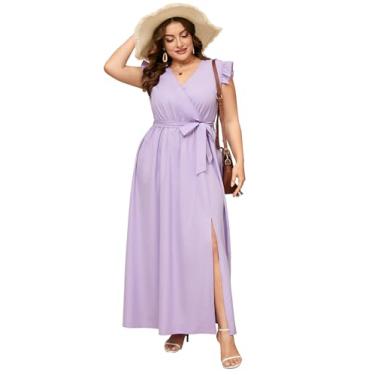 Imagem de ShopWonder Vestido feminino plus size com decote em V, sem mangas, cintura alta, fenda lateral, vestido casual de verão com cinto, Roxo claro, 3G