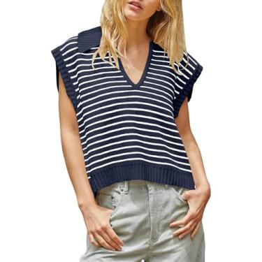 Imagem de ANRABESS Suéter feminino listrado sem mangas polo gola V malha regata cropped 2024 roupas modernas de verão, Listra branca azul-marinho, GG