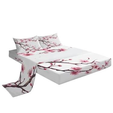 Imagem de Eojctoy Jogo de lençol branco ultramacio, 4 peças, tema de flor de pêssego, lençol de cama e fronhas, fácil de cuidar com lençol king size de 40,6 cm de profundidade, confortável e respirável para