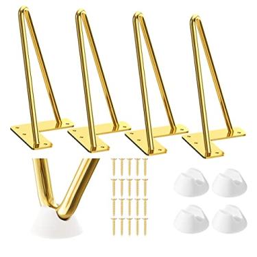 Imagem de SMARTSTANDARD Pernas de móveis de grampo de cabelo de 20 cm, hastes de 3/8" projetos de bricolage doméstico de metal para mesa de cabeceira, mesa de café, cama com protetores de piso de borracha, conjunto dourado de 4 peças