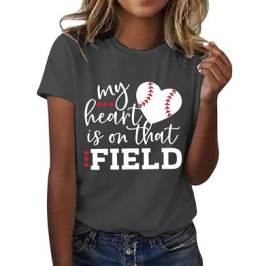 Imagem de Camiseta feminina de verão com estampa de beisebol, gola redonda, manga curta, caimento solto, casual, túnica, Cinza escuro - A, GG
