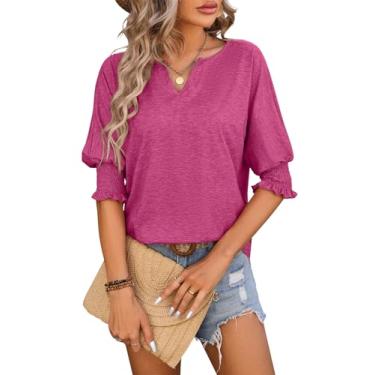 Imagem de TAKEYAL Camisetas femininas 2024 fashion manga 3/4 gola V lindas blusas elegantes para primavera verão negócios sólida básica, Vermelho rosa, GG