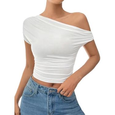 Imagem de SHENHE Camiseta feminina assimétrica de manga curta franzida com ombros de fora, Branco, M