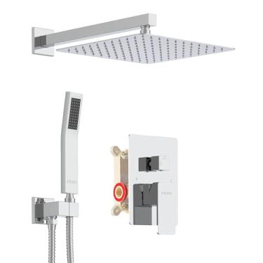 Imagem de KOJOX — Sistema de chuveiro preto fosco com cabeça de chuva de alta pressão, cabeça de chuveiro de mão, conjunto combo de chuveiro de chuveiro de luxo para banheiro, torneira de chuveiro montada na parede, kit de válvula e acabamento áspero, 12 Inch, Chrome 01