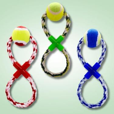 Imagem de Brinquedo Mordedor de Corda para Cachorro Pet Puxador 8 com Bola Bolinha Resistente