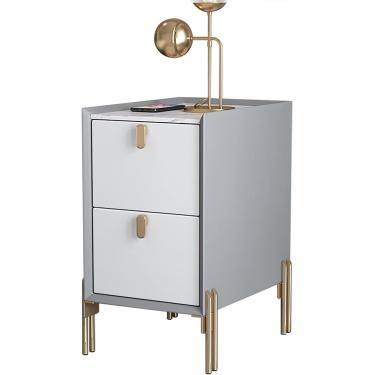 Imagem de Mesa lateral estreita de meados do século | Mesa de cabeceira moderna com 2 gavetas de armazenamento | Mesa de cabeceira minimalista de pedra sinterizada para espaços pequenos, cinza claro +