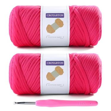 Imagem de Pacote com 2 fios de camiseta para crochê com 1 agulha de crochê, fio elástico para bolsa de crochê/cestas/decoração de casa, fio espaguete grosso de tricô comprimento total 130 metros, peso 396 g