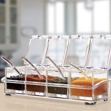 Imagem de Conjunto de caixa de tempero transparente com 4 potes, jarra de condim