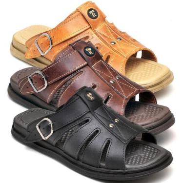 Imagem de Kit 3 Sandálias Masculinas Couro Solado Borracha Leve Macio - Rubim Ca