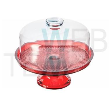 Imagem de Boleira de Vidro com Pé e Tampa Vitazza 28cm Vermelha Prato para Bolo 