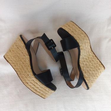 Imagem de Sandália Feminina Anabela em Couro Preta Salto Alto Corda