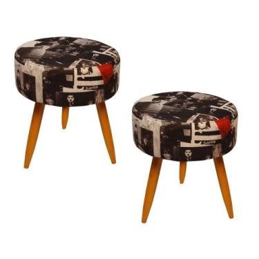 Imagem de Kit 02 Puffs Banqueta Redondo Classic Suede Estampado Charles Chaplin 