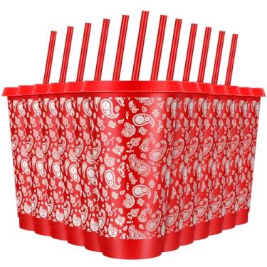 Imagem de Potchen 12 conjuntos de copos de plástico caubói 680 g copos bandana vermelha com tampas e canudos Copos de suco reutilizáveis ocidentais para festa temática de aniversário de caubói ocidental