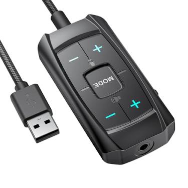 Imagem de Inwa Placa de som externa auxiliar para USB, bate-papo simultâneo de telefone e som de jogos em fone de ouvido com fio, adaptador de áudio USB para conector de 3,5 mm funciona com PS5, PS4, PC,