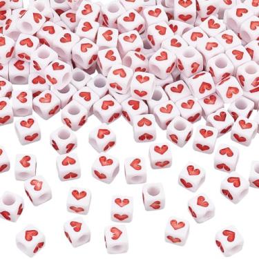 Imagem de OLYCRAFT 200 peças de contas de coração branco vermelho de 6 mm contas de coração de cubo de acrílico com orifício de 3 mm contas quadradas de coração soltas pônei contas espaçadoras opacas contas de