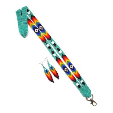Imagem de Cordão de contas com brincos de contas combinando, cordão de estilo nativo americano, porta-crachá com contas, porta-cartão de identificação, Turquesa, tamanho �nico