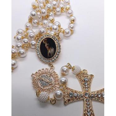 Imagem de Terço pérola crucifixo Medieval pequeno dourado - Ateliê Vanessa Cintr