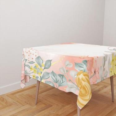 Imagem de Toalha De Mesa Quadrada 4 Lugares Tecido Oxford Rosas Aquarela Coral e