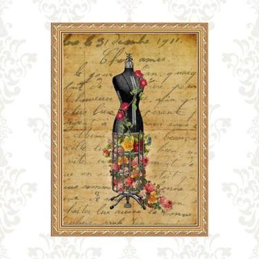 Imagem de Quadro Moldura Dourada Manequim Costura Flores 33x24cm - Quadros On-li