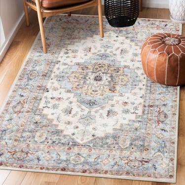 Imagem de Mcadore Tapetes de área laváveis à máquina 12 x 18 cm, boho vintage, para sala de estar, quarto, cozinha, tapete macio, antiderrapante, design com estampa de água/azul marinho