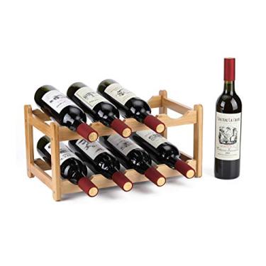 Imagem de Prateleira de vinho de fácil montagem, rack de armazenamento de 8 garrafas de vinho de bambu ecológico, prateleira de vinho natural, economia de espaço para os amantes de vinho, armário de vinhos, economia de espaço para bancada, mesa, despensa, 2 níveis