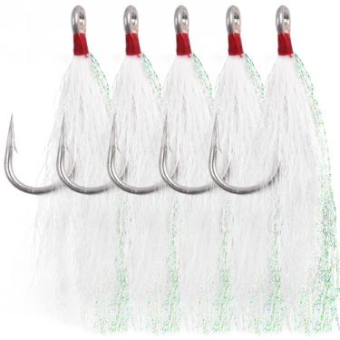 Imagem de Ganchos de pesca Bucktail Teasers anzóis com fundo de água salgada anzol Bucktail Mylar Flash Teasers para Snapper Catfish Bacalhau Linguado Hi-Lo Rigs branco 5 peças