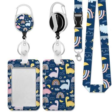 Imagem de Porta-crachá de dinossauro fofo com cordão, suporte de crachá com clipe retrátil, etiqueta de nome de trabalho, cordão de identificação vertical, capa protetora para mulheres, enfermeira, médica,