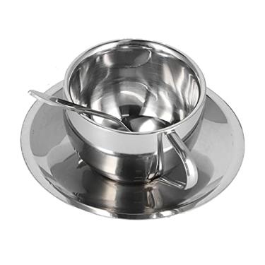Imagem de Xícara de café Em Aço Inoxidável, Xícaras de café Em Aço Inoxidável Com Pires e Colher 3pcs/conjunto de Canecas de Canecas Duplas de Parede Dupla Isolada para Cozinhas de Aço de