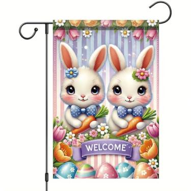 Imagem de Starlit Patio Feliz Páscoa Jardim Bandeira Dupla Face 12 x 18 Coelho Bonito Coelho Cenoura Bandeira Exterior Decorações de Casa Flores Primavera Ovos Coloridos Ao Ar Livre Pequena Decoração de Feriado
